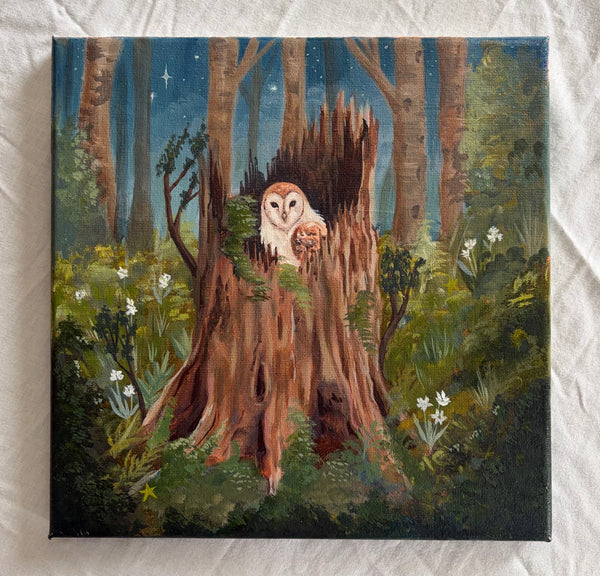 "Between Branches" 10 x 10 inch original oil painting