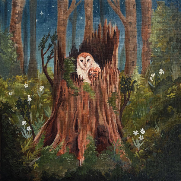 "Between Branches" 10 x 10 inch original oil painting